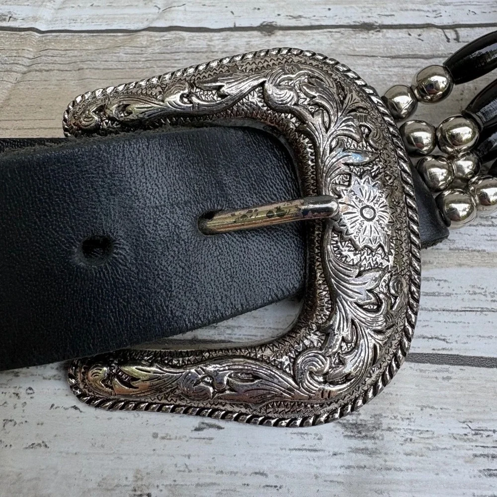 Cactus Mountain Western Belt 38 Handmade Black Silver 4 Strand Bone Beads Concho